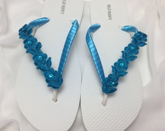 Turquoise Bridal Lace Flip Flops, Beaded Wedding Sandals