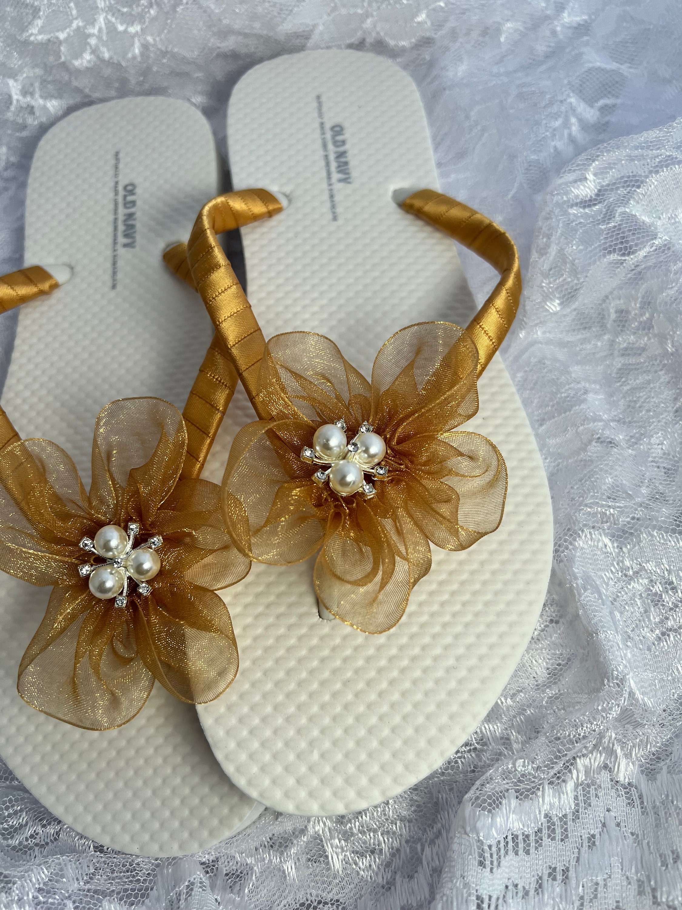 Antique Gold Organza Flower Flip Flops Organza Flower Flip Flops