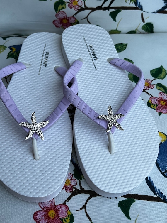 Lavender Starfish Bridal Flip Flops, Matte Lavender Ribbon Flip