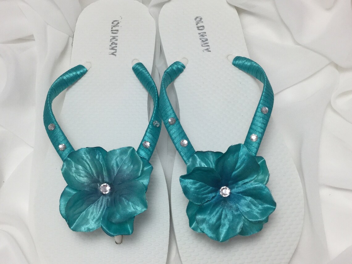 Teal Blue Bridal Rhinestone Flower Flip Flops Rhinestone | Etsy