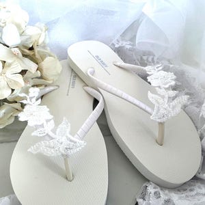 White Bridal Flip Flops, Beaded Lace Flower Sandals, Wedding Day Shoes, Bride Gift,