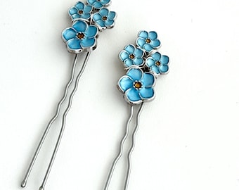 Wedding Hair Pins Set of 2, Forget Me Not Floral Design with Crystal Centers