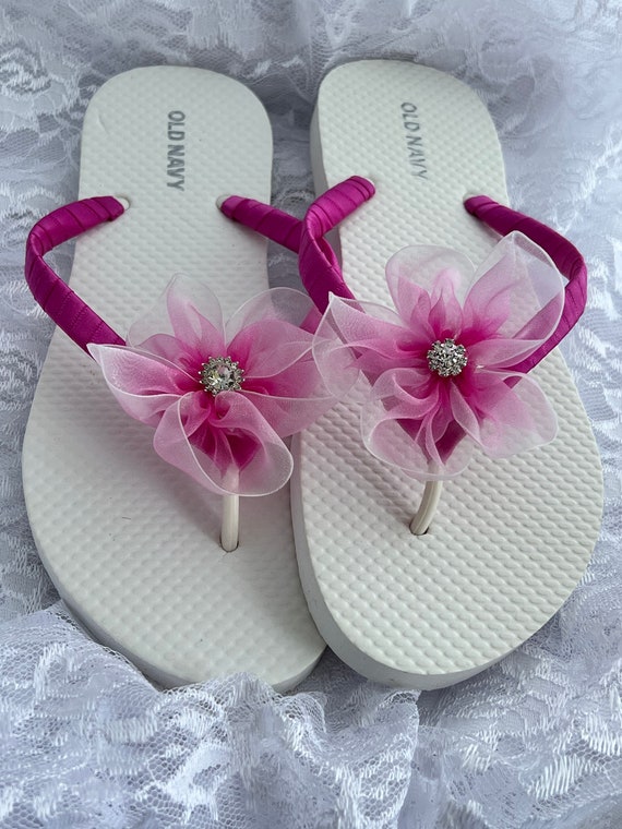 Chanclas de novia de organza fucsia y blanco, sandalias de boda de