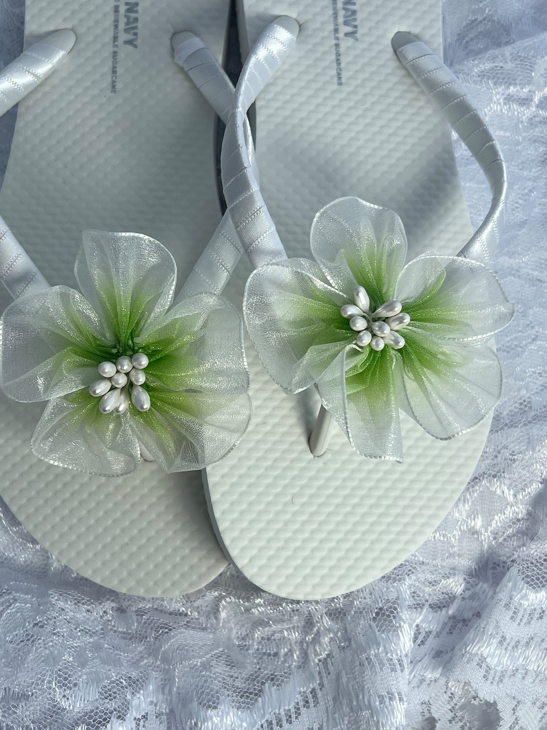 White Organza Flower Flip Flops, Organza Flower Flip Flops, Bridal