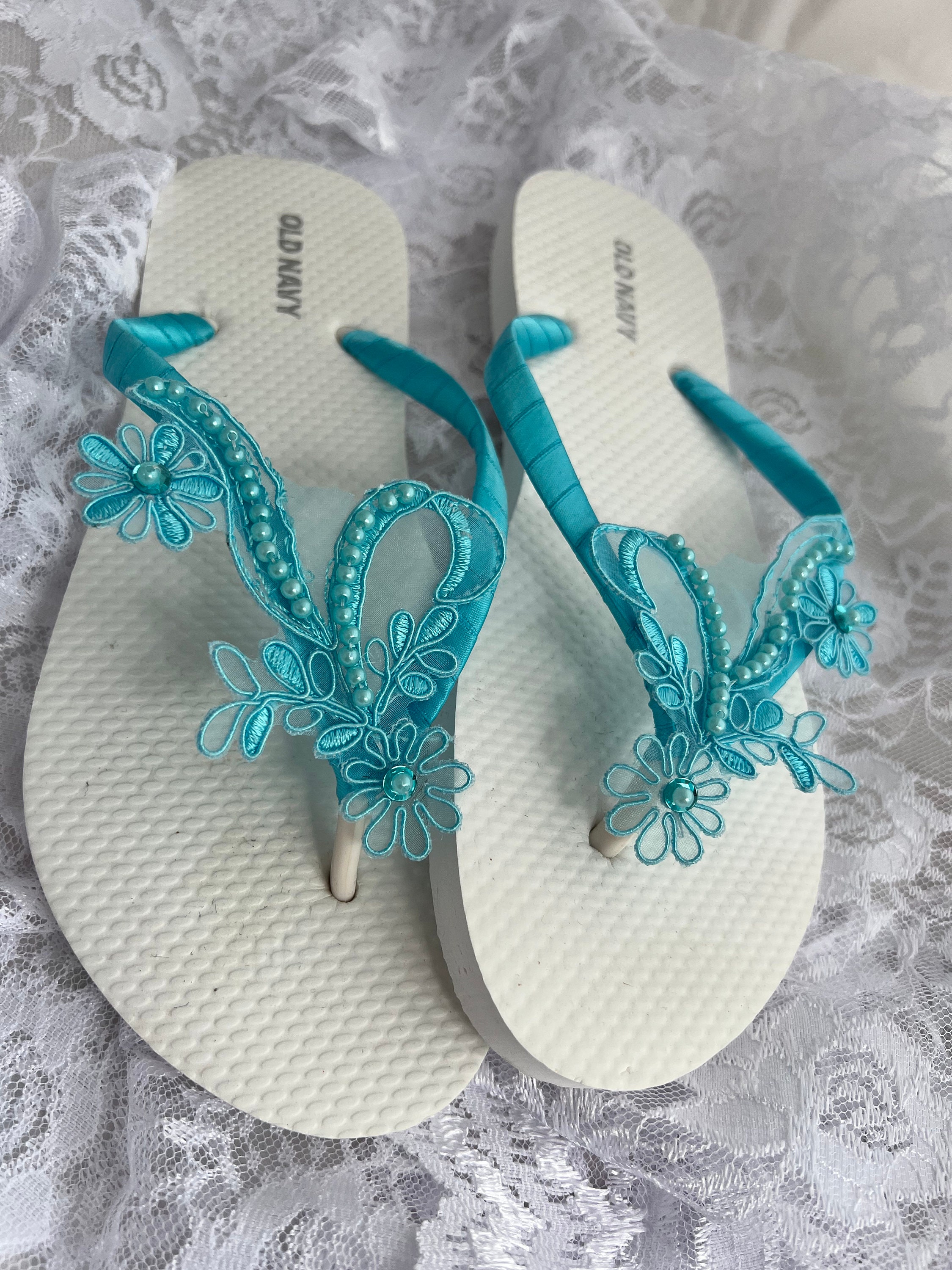 Turquoise Lace Flip Flop Bridal Sandals Lace Pearl Wedding - Etsy