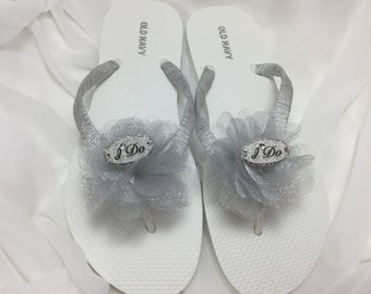 I Do Silver Bridal Flip Flops, Silver Flower Flip Flops, Silver Wedding Flip Flops, Beach Wedding Silver Sandals