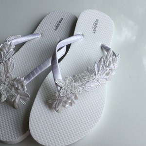 Bridal Beaded Lace  Flip Flop, Wedding Flip Flops, Bridal Sandals, Braidsmaid Flip Flops Beach Wedding Sandals, Wedding Destination Sandals