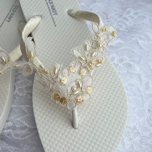 Ivory Beaded Lace Bridal Flip Flops: Beach Wedding Sandals
