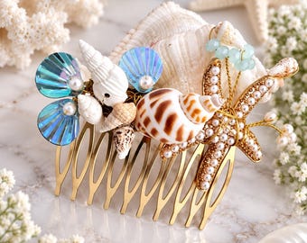 Starfish Hair Comb, Handmade Gold Pearl Seashell Bridal Headpiece, Beach Theme Wedding Accessory, Something Blue Gift