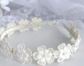 Bride Headband Ivory 3D Flower Lace Headband, Flower Headband Wedding Headpiece, Ivory Beaded Flower Lace Headband