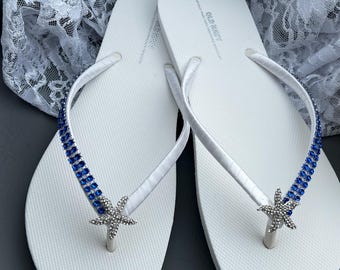 White Bridal Flip Flops with Royal Blue Rhinestone Starfish