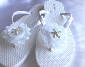 Handmade White Beach Wedding Flip Flops, Starfish Flower Bridal Sandals