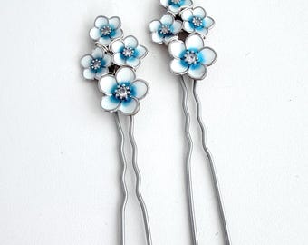 Wedding Hair Pins Set of 2, Forget Me Not Floral Design with Crystal Centers