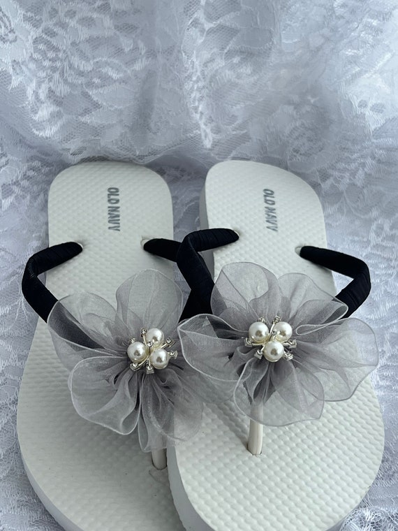 Chinelo de noiva de organza preto e cinza, sandálias de noiva de