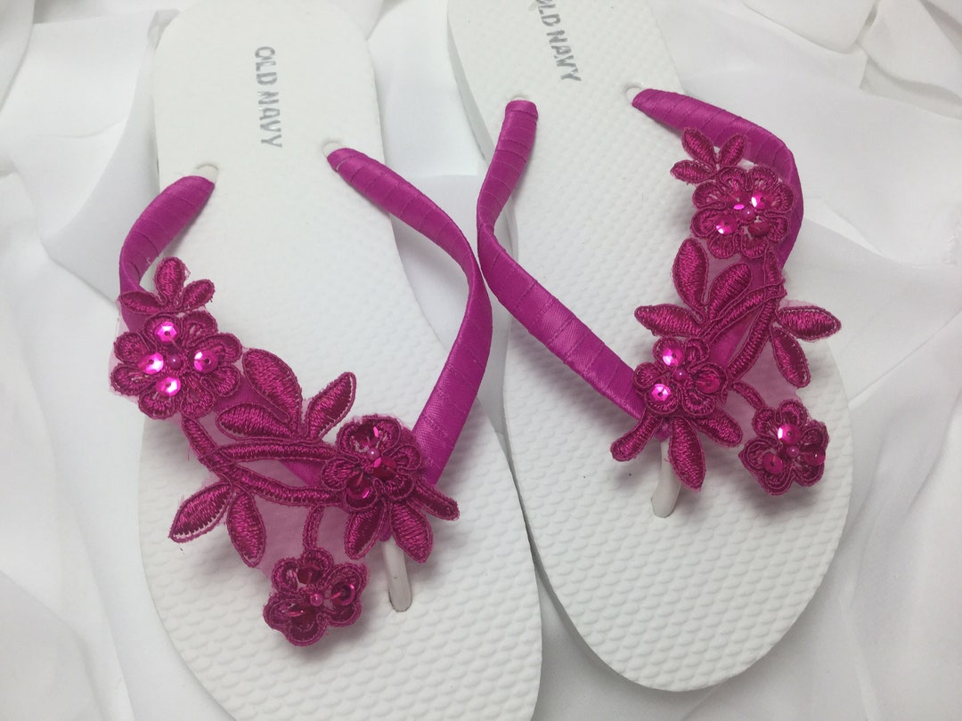 Hot Pink Bridal Flip Flop Beaded Pink Lace Bridesmaid - Etsy