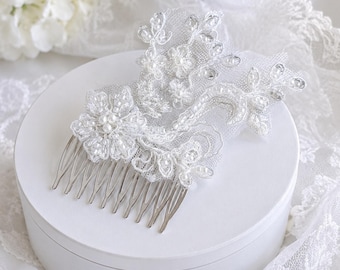 Lace Bridal Hair Comb, White Beaded Pearl Wedding Accessory, White Lace Hair Comb For a Bride Silver, Clip or Pin for Elopements