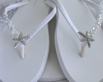 White Bridal Flip Flops with Rhinestone Starfish, Beach Wedding Sandals