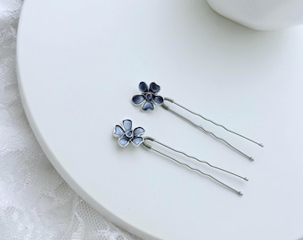 Blue Enamel Flower Hair Pins, Bridal Wedding Hair Accessory, Forget me not Flower Hair Pins, Something Blue Hairpiece, Floral Bobby Pins