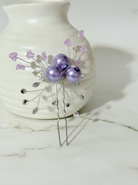 Lavender Pearl Hair Pin: Silver Leaf Crystal Bridal  display picture 3