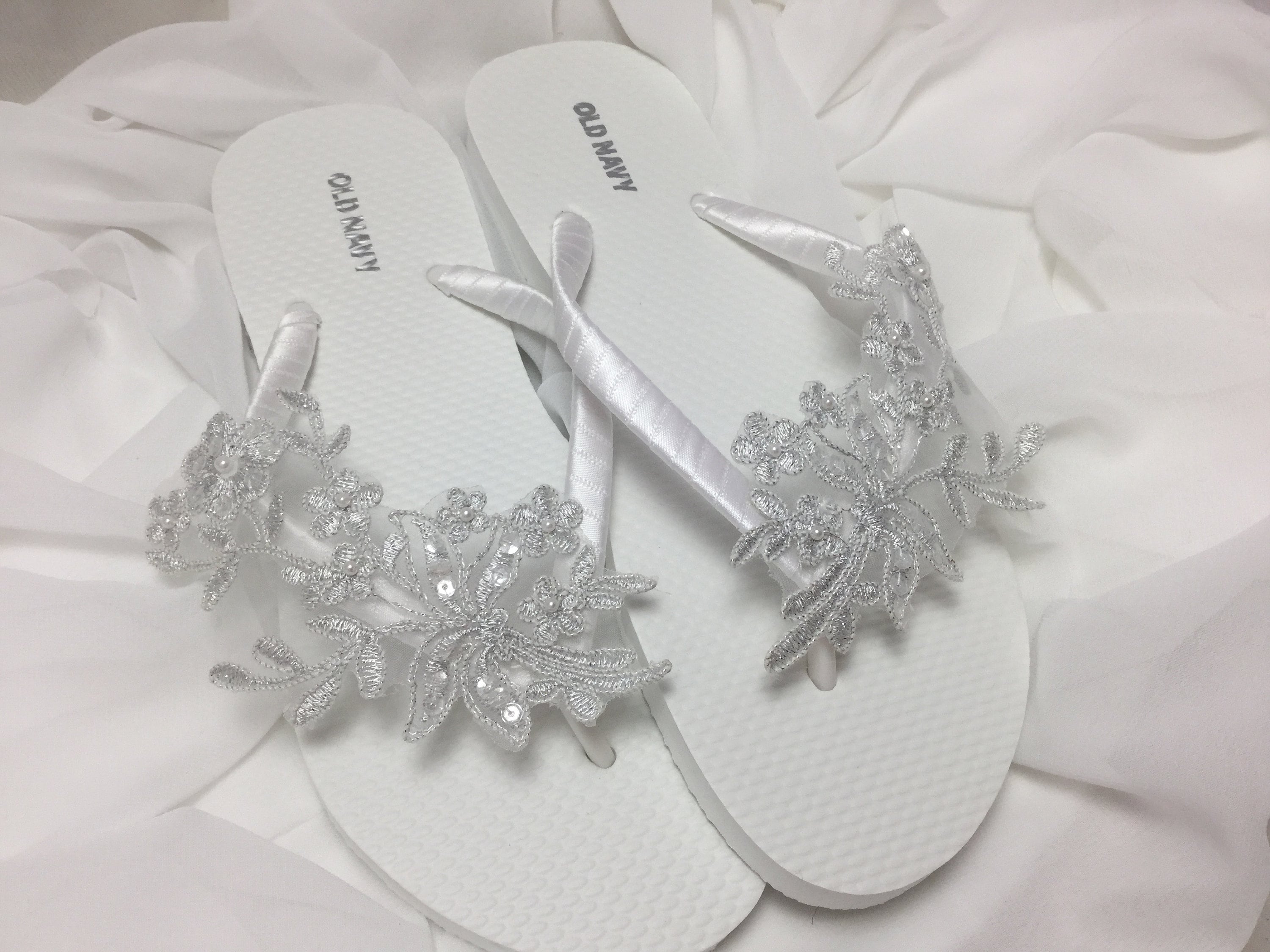 Silver Bridal Flip Flops Wedding Flip Flops Silver Beaded Lace