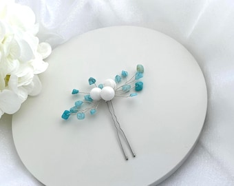 Haarspeld melkkwarts en blauwe jade, bruidshaaraccessoires, haarspeld bruiloft, iets blauws haarstukje, haarspeld bruidsmeisje witte kwartsspeld