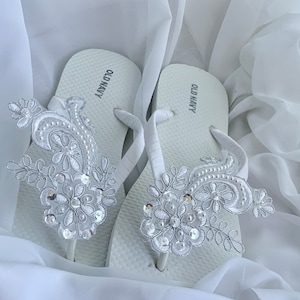 White Lace Flip Flop, White with Silver Edge Bridal Sandals, Lace Pearl Wedding Sandals, Beach Bride Sandals,  Wedding Flip Flops