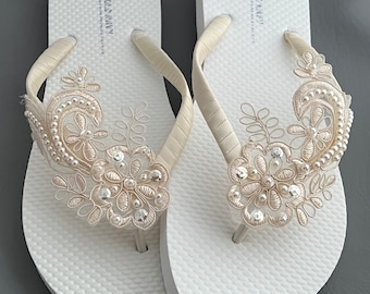 Chanclas de encaje color marfil para bodas, sandalias nupciales con cuentas