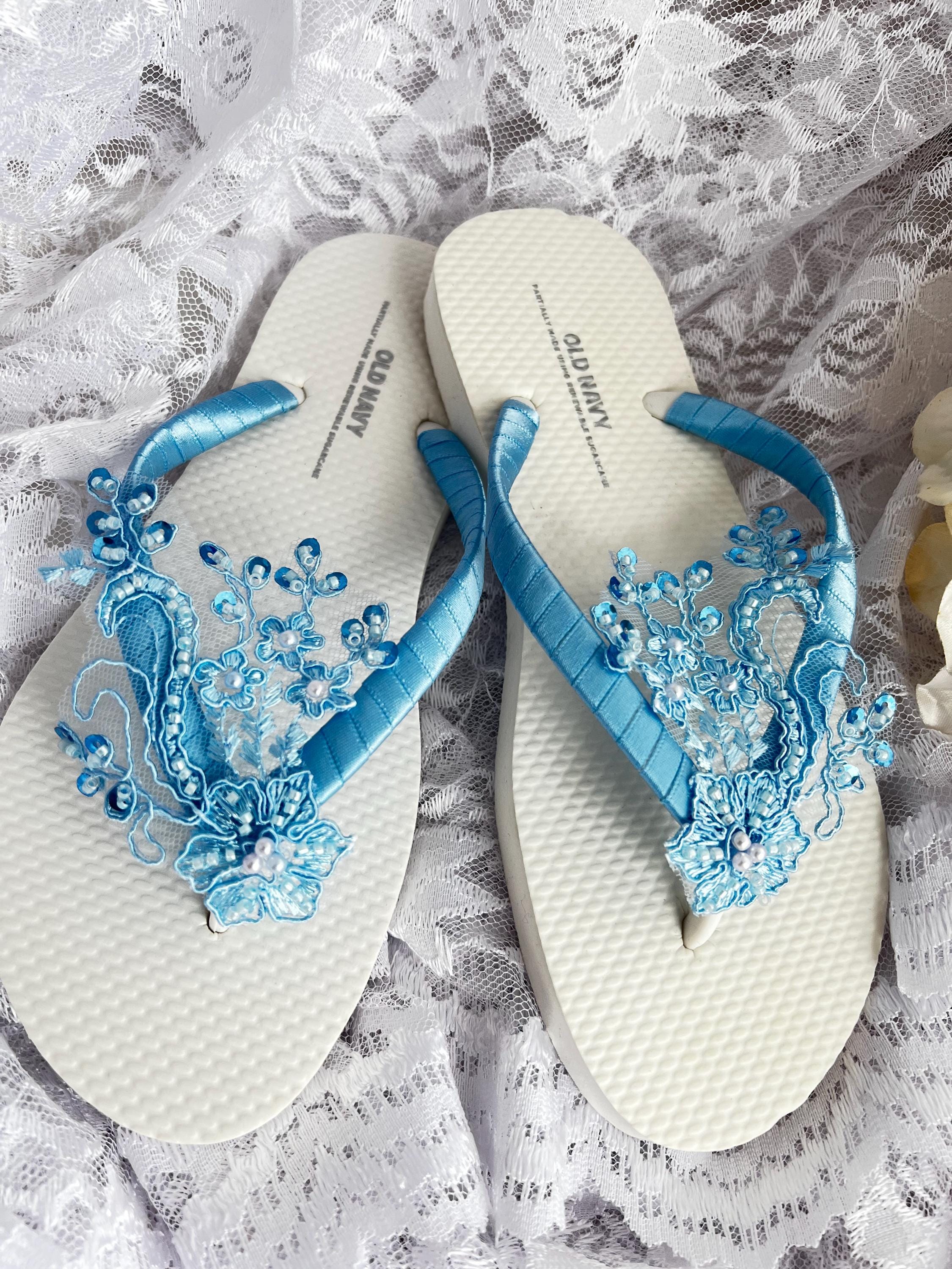 Sky Blue Beaded Bridal Flip Flops, Blue Flower Flip Flops, Blue
