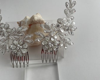 White and Silver Beaded Wedding Hair Comb, Bridal Beaded Hair Comb, Bridal Headpiece, Hair Comb Wedding, Bride Hair Accessory, Set of 2