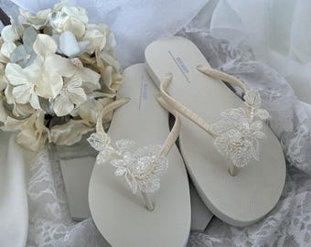 Lace Bridal Flip Flops, Ivory Ribbon & Pearl Wedding Sandals