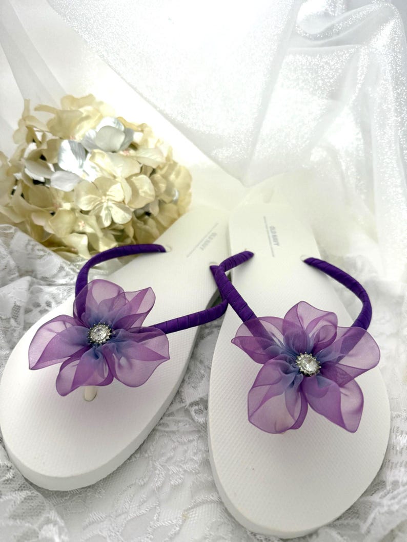 Purple bridal shoes and dress sneakers - purple organza flower bridal flip flops