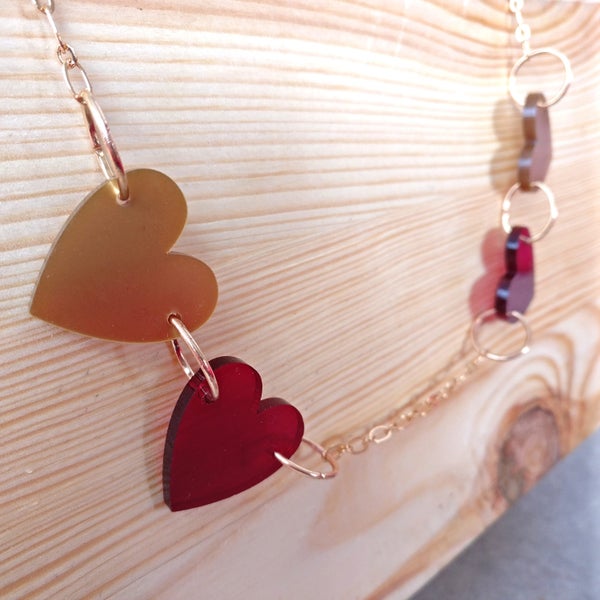 Heart necklace gift statement gold plated chain acrylic glass plastic laser cut alternative jewelry perspex special Vday golden