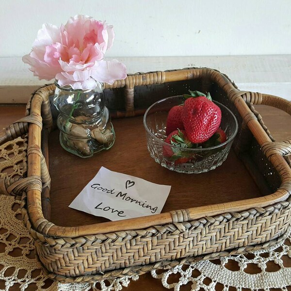 Vintage Wood & Bent Bamboo Tray with Handles | Rattan Basket | Coffee Server Organizing Display Coffee Table