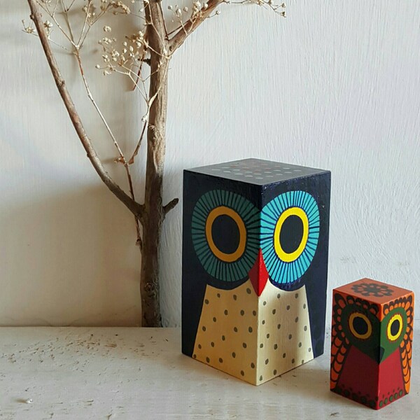 Enchanting Mid Century Modern Wood Block Owl Pair Germany West Berlin Handpainted Colorful Groovy Mod Design Owls Blue Orange Mom & Baby