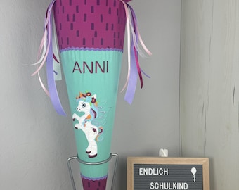 Cono escolar de tela de 70 cm - con nombre y motivo - Pegaso, hada, poni, caballo - según se desee