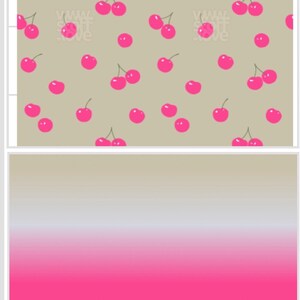 Puede incluir: Un patr&oacute;n sin costuras de cerezas rosas sobre un fondo beige. Las cerezas est&aacute;n dispuestas en un patr&oacute;n aleatorio y todas miran en la misma direcci&oacute;n. El fondo es de color beige s&oacute;lido. Debajo del patr&oacute;n hay un fondo degradado que pasa de beige a azul claro a rosa.