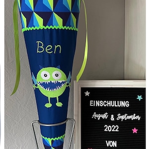 Cono escolar de tela de 70 cm - personalizado con nombre y diseño - mochila escolar a juego - Monstruo, Fútbol, Trekker - según se desee