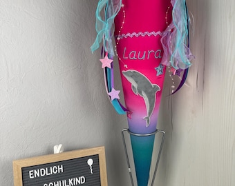 Cono escolar de tela de 70 cm - personalizado con nombre y motivo - delfín, ballena, caballito de mar, sirena - a elección