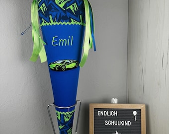 Cono escolar de tela de 70 cm - con nombre y motivo - fútbol, portería, trofeo, dinosaurio - según se desee