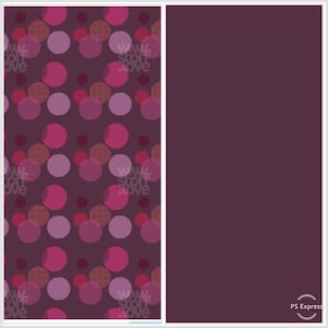 Könnte beinhalten: Ein nahtloses Muster mit rosa und roten Kreisen auf einem dunkelvioletten Hintergrund. Die Kreise haben ein strukturiertes, kariertem Muster. Das Muster wird auf der linken Seite des Bildes wiederholt, während die rechte Seite ein durchgehendes Dunkelviolett ist.