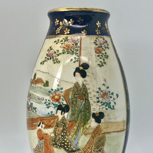 Meiji Japan Signed Satsuma Vase, Figures Floral Mt. Fugi, Antique Japanese Ceramic Decor