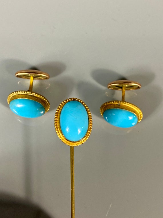 Vintage Men’s Jewelry Cufflinks Stick Pin Set Blu… - image 7