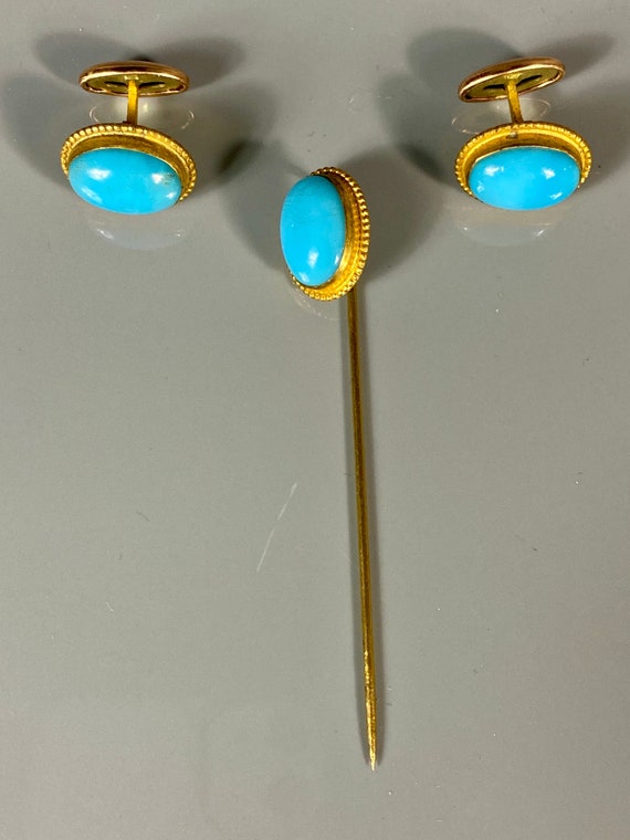 Vintage Men’s Jewelry Cufflinks Stick Pin Set Blu… - image 1