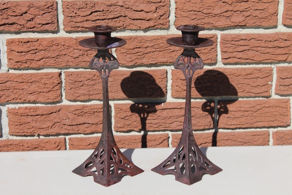 Art Nouveau Brass Candlesticks Jugendstil Secessionist Antique Candle Holders Pair Vintage Home Decor - 