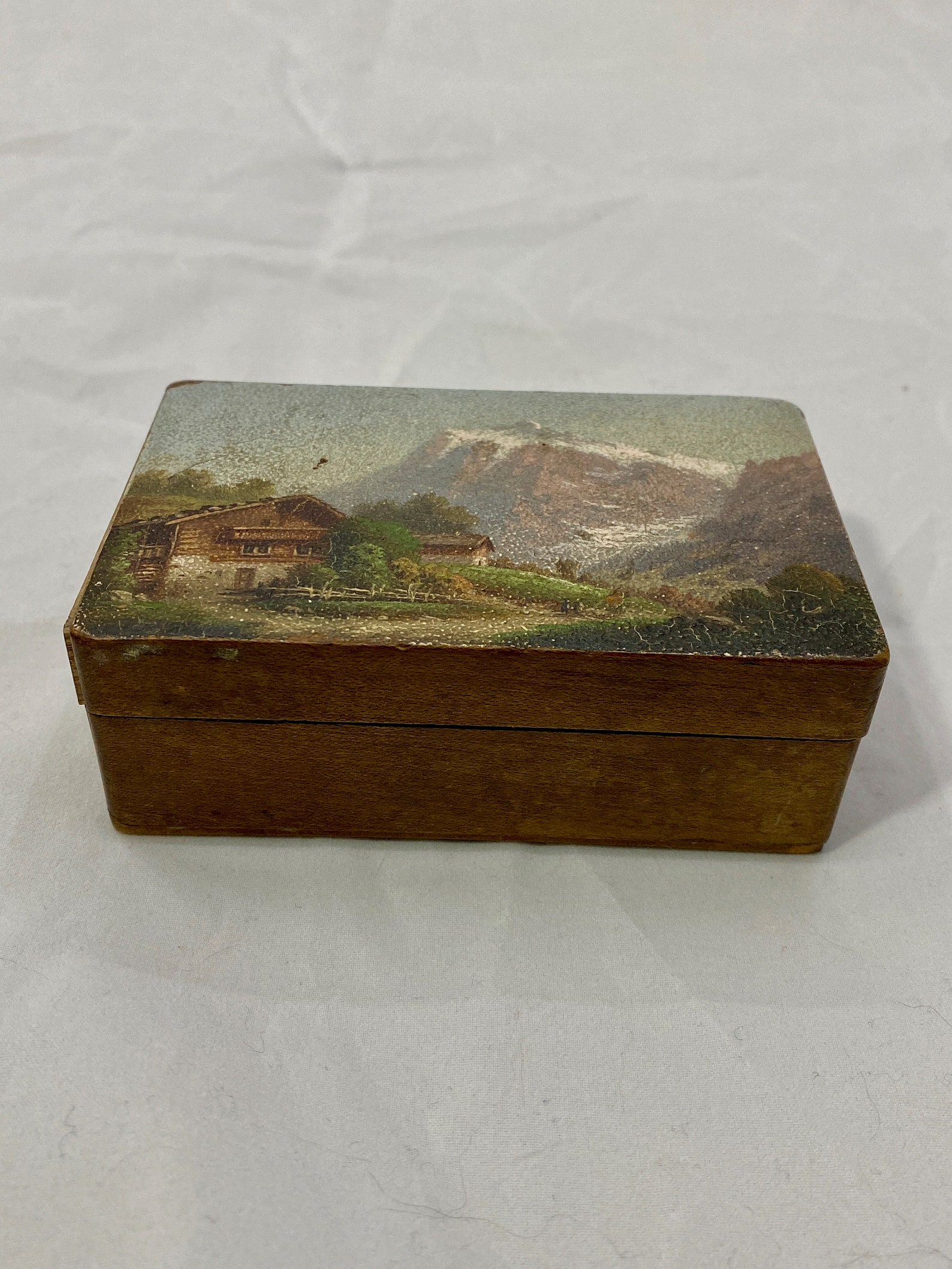 Hand Painted Wood Box Mountain Landscape Art Souvenir Snuff Antique