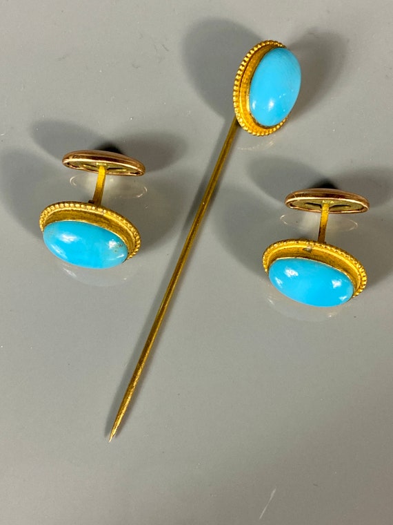 Vintage Men’s Jewelry Cufflinks Stick Pin Set Blu… - image 4