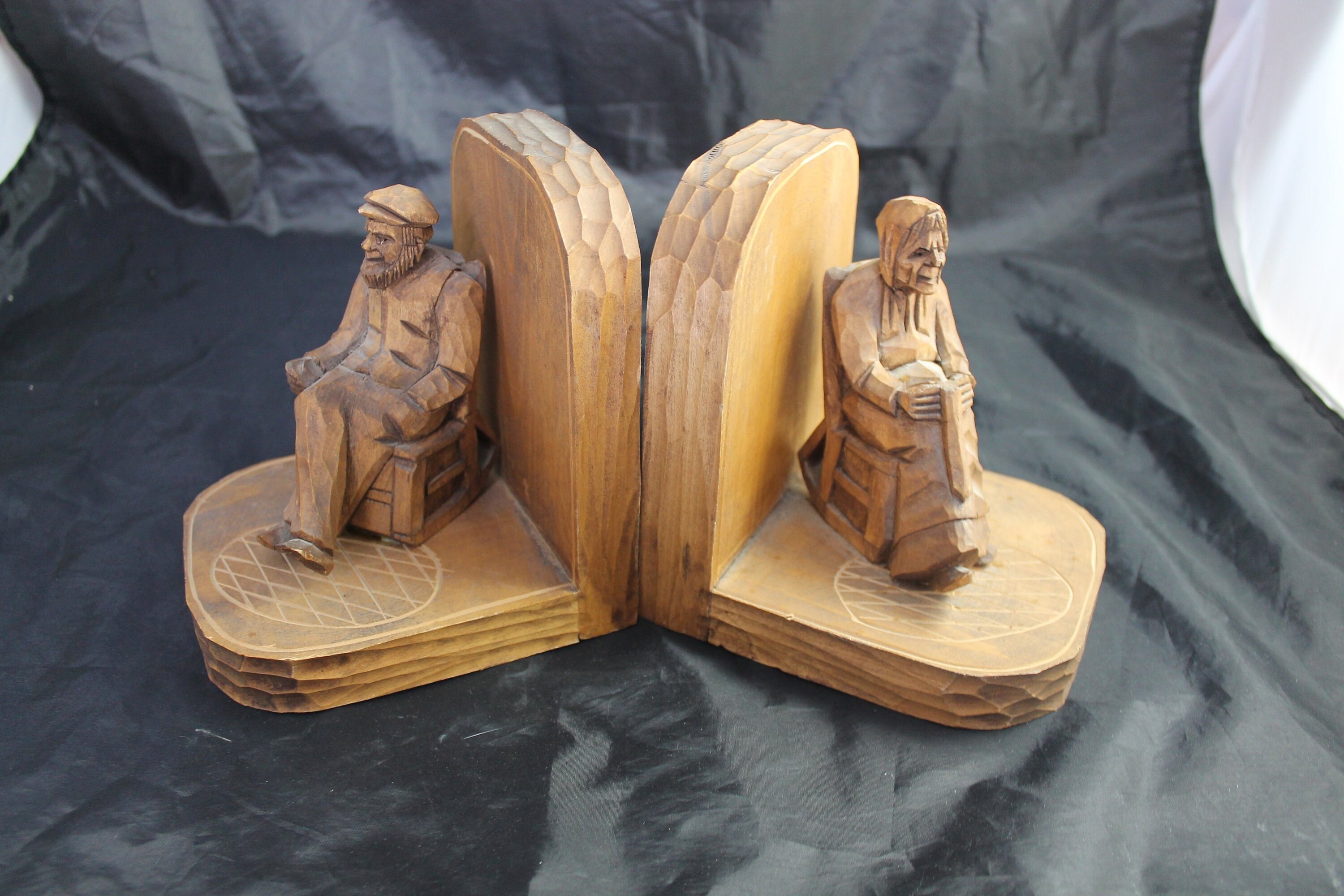 Folk Art Wooden Carved Bookends Quebec Hand Carving Etsy