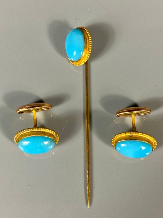 Vintage Men’s Jewelry Cufflinks Stick Pin Set Blu… - image 2