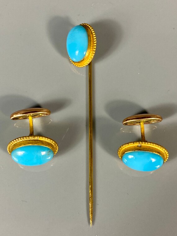 Vintage Men’s Jewelry Cufflinks Stick Pin Set Blu… - image 5