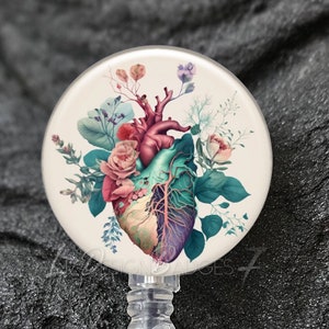 Floral Human Heart Badge Reel - Heart Stethoscope ID Tag -Yoke Style ID Tag -Heavy Duty Badge Reel with Steel Wire -Lanyard -Carabiner -A422